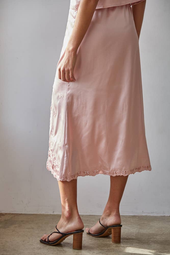 Satin Embroidered Midi Skirt