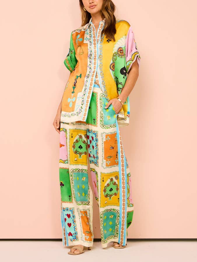 Abstract Print Shirt Pocket Wide-Leg Pants Set