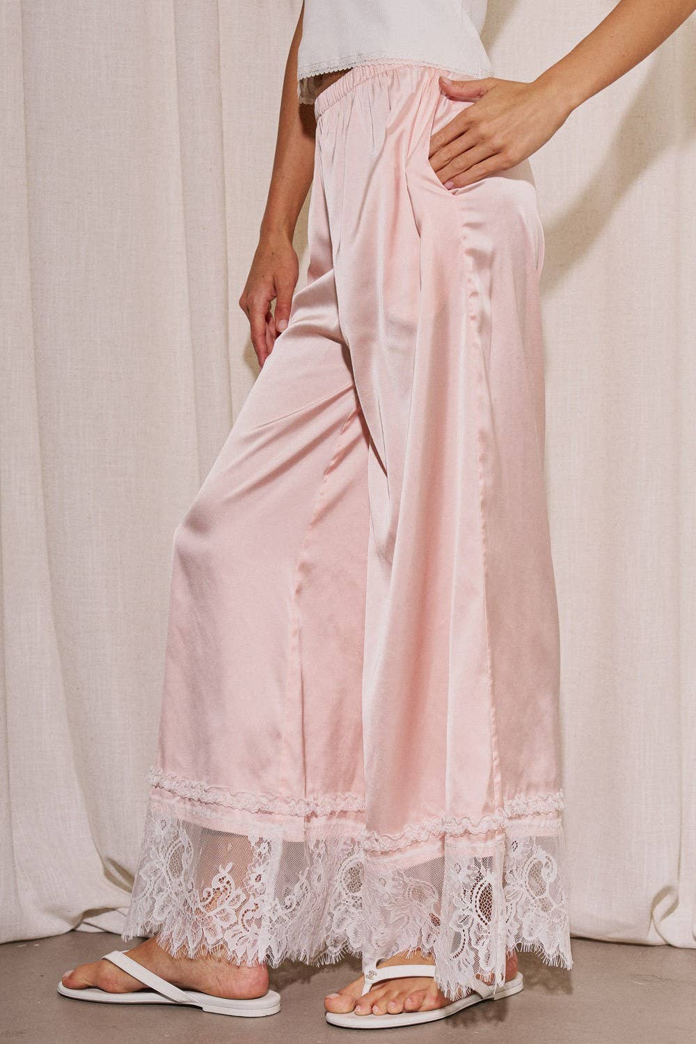 Woven Satin Lace Trim Wide Pants