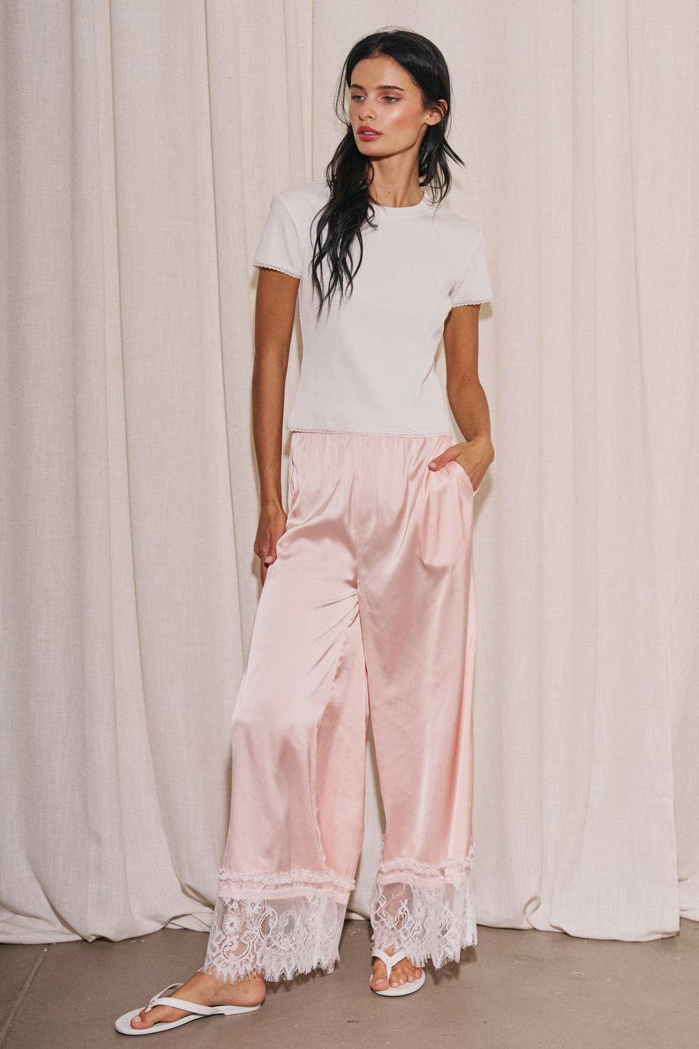 Woven Satin Lace Trim Wide Pants