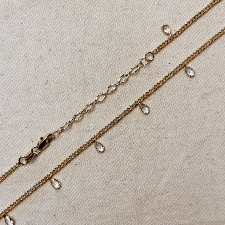 18k Gold Filled 2mm Curb Chain with Bezel Cz Drops Necklace