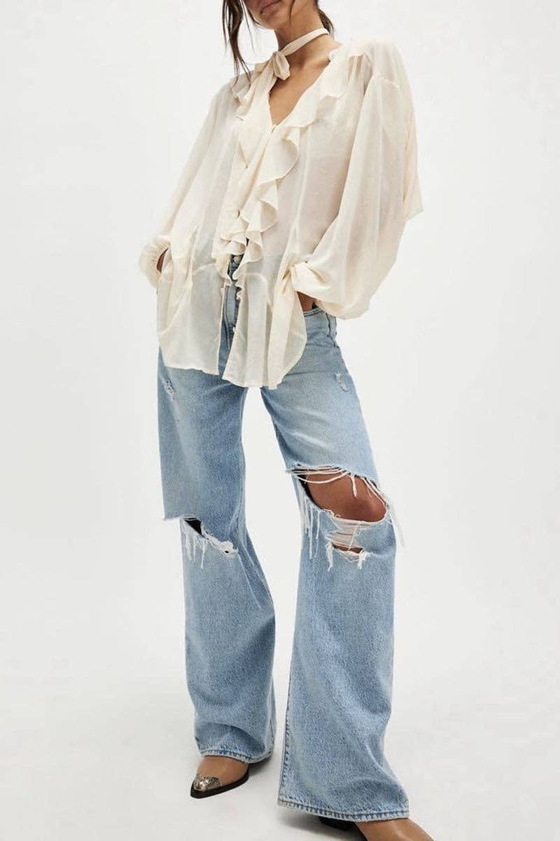 Ruffle Trim Sheer Blouse