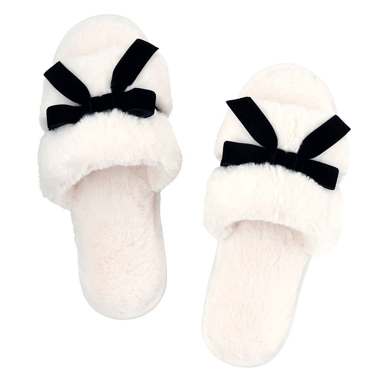 Plush Velvet Bow Slippers - Ivory + Black Velvet Bow