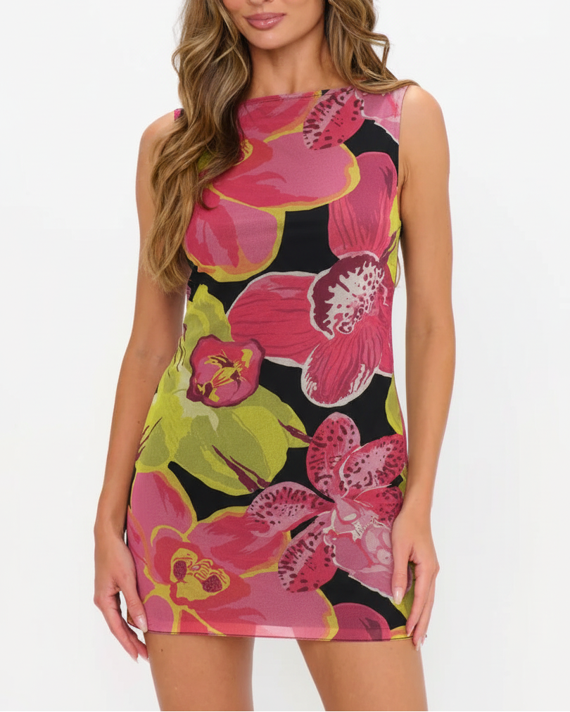 Floral Print Mini Dress on Model