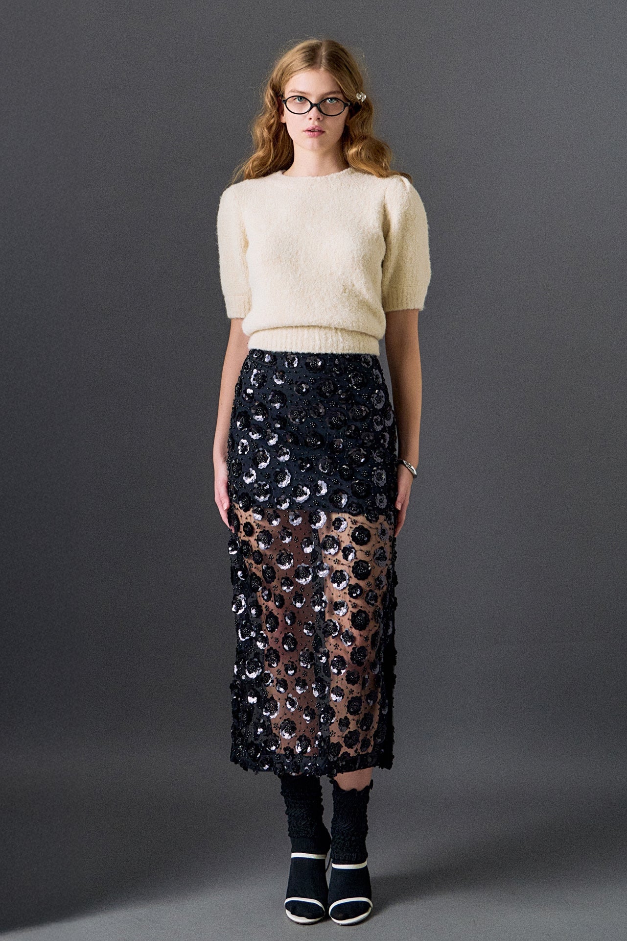 Flower Sequin Sheer Midi Skirt