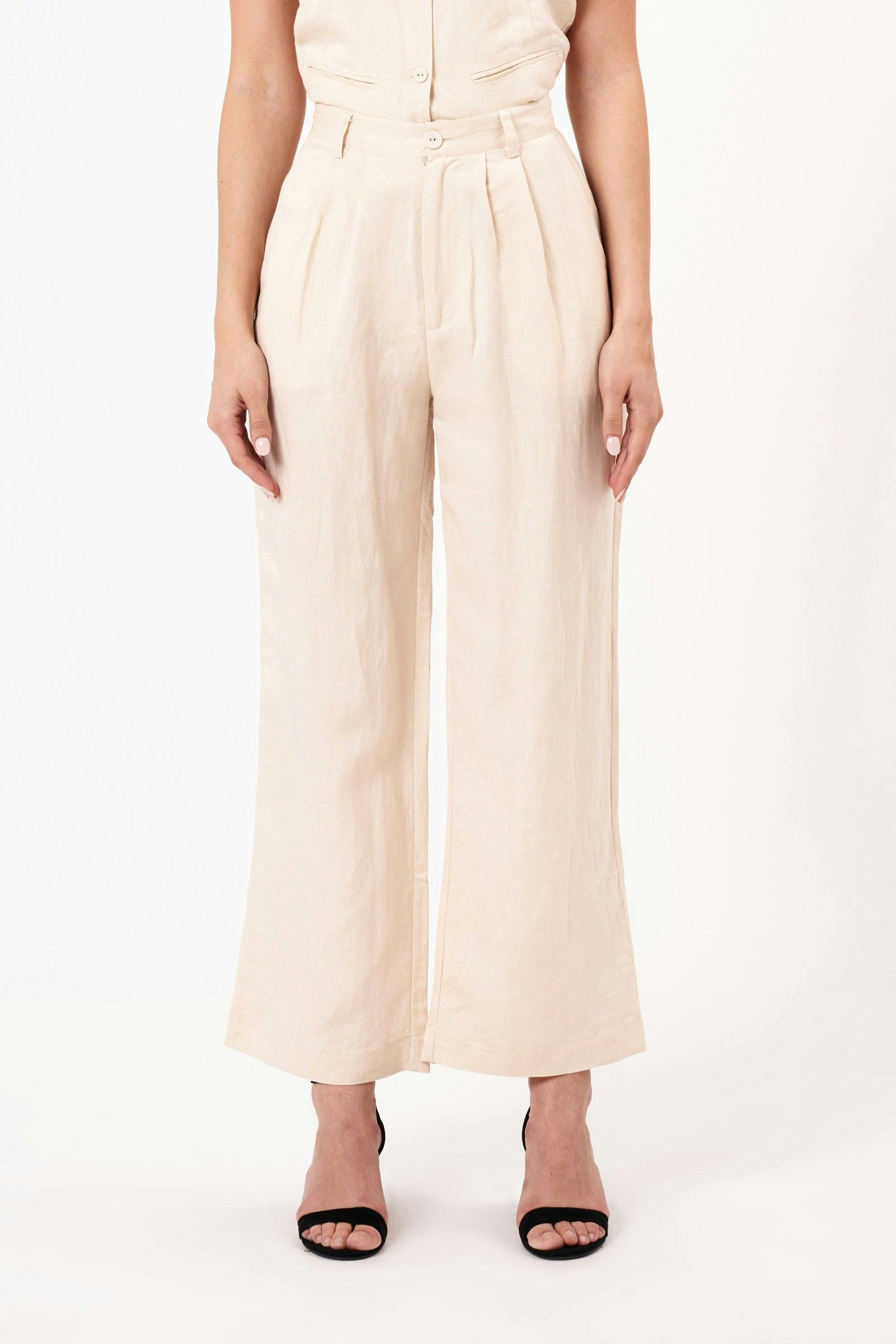Chloe Pleat linen Pant - Biscuit