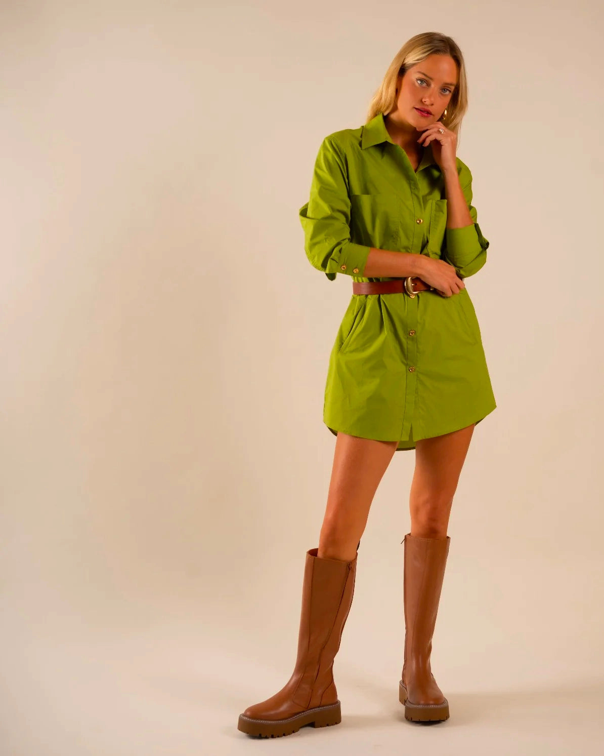 cactus shirt dress Greta Dress With 3/4 Barrel Cuff Sleeve in Cactus Italian Broadcloth XS / Cactus