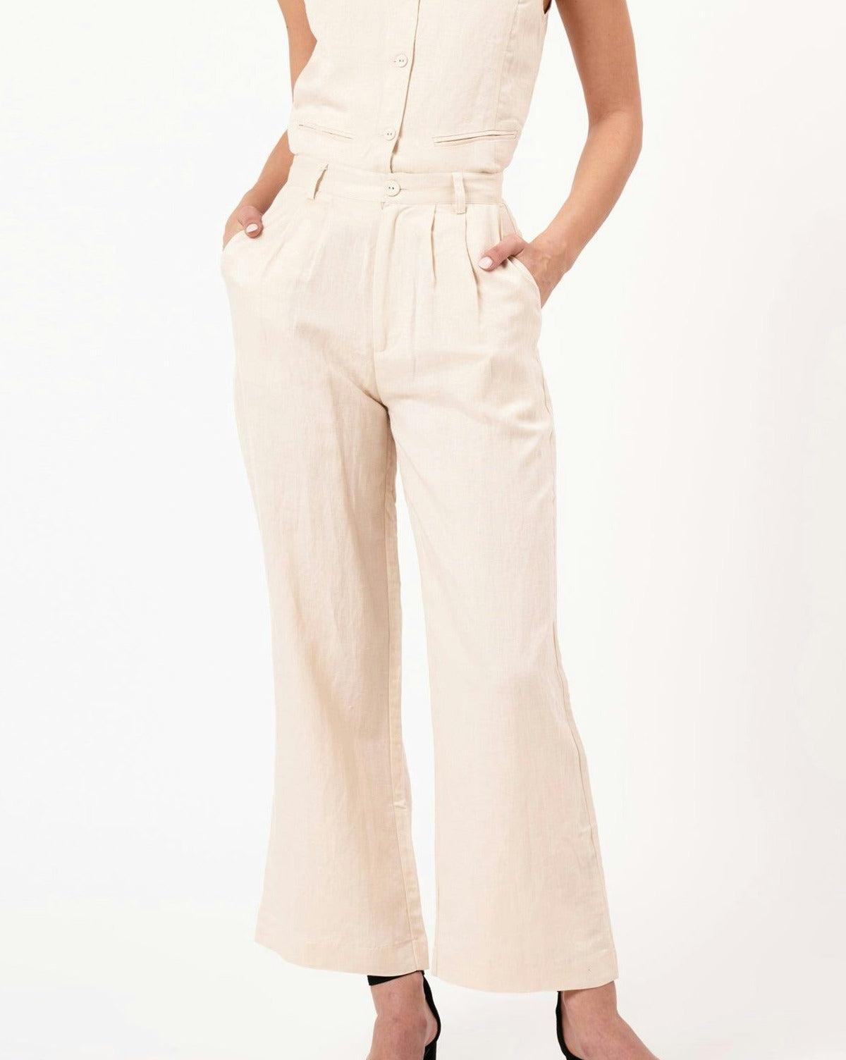Chloe Pleat linen Pant - Biscuit