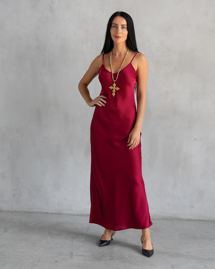 strapless open back dress Women's Wine Red Satin Slip Dress