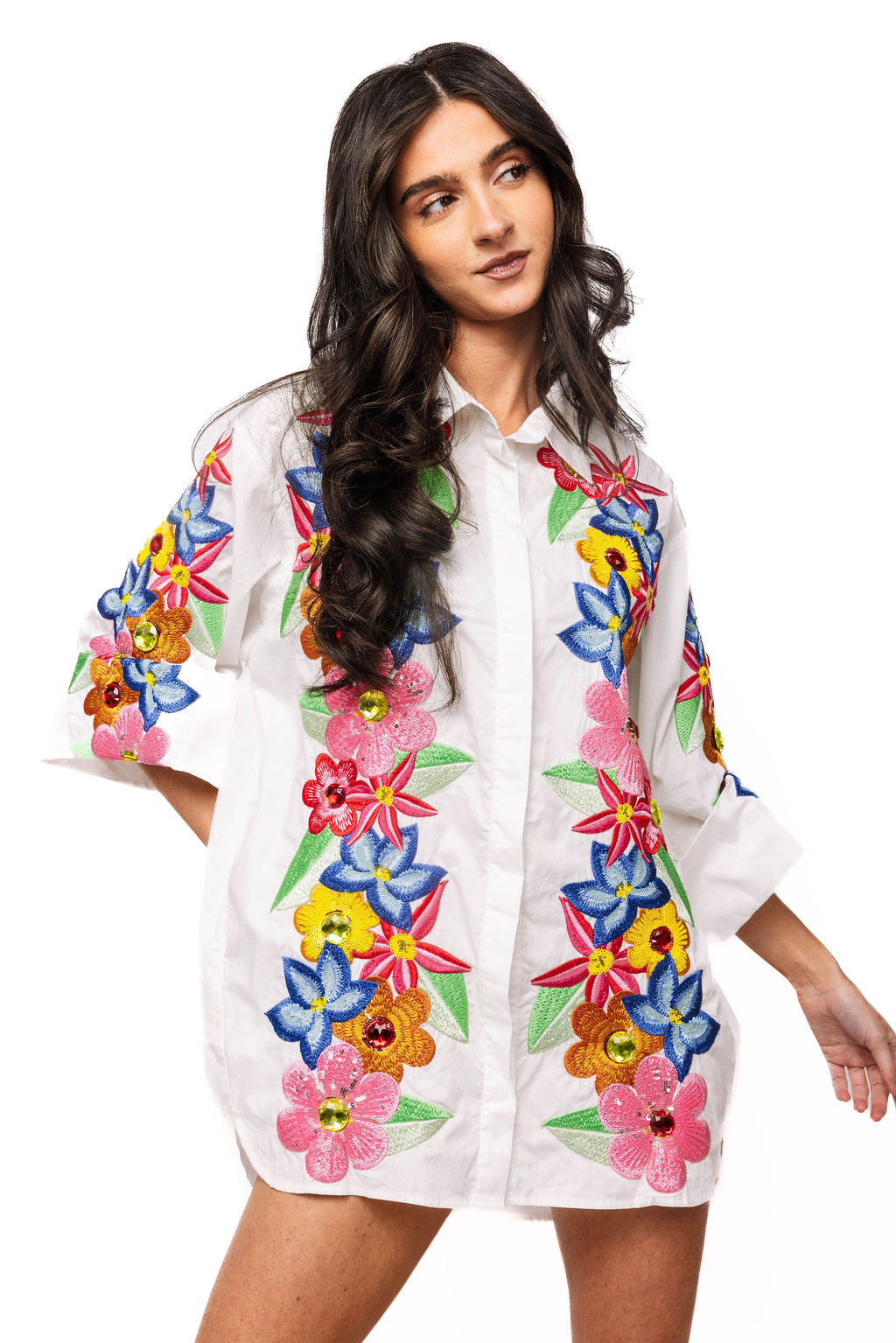 QUEEN OF SPARKLES WHITE MULTI FLOWER BUTTON UP COLLAR DRESS
