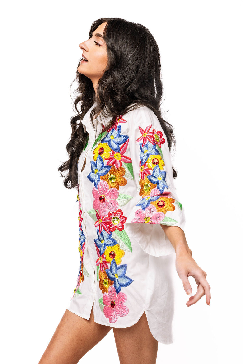 QUEEN OF SPARKLES WHITE MULTI FLOWER BUTTON UP COLLAR DRESS