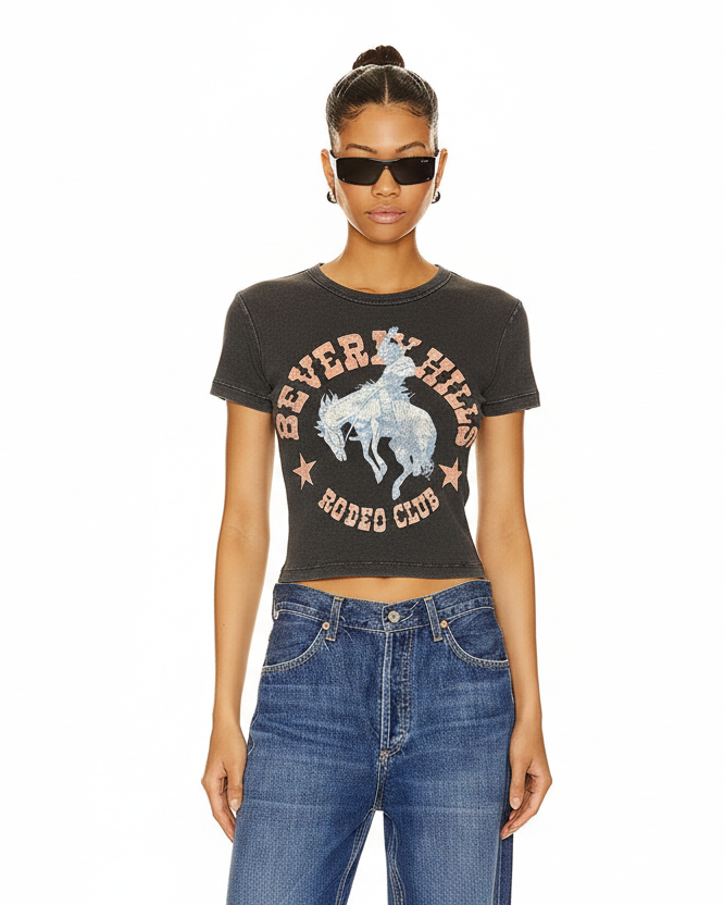 Model wearing Beverly Hills Rodeo Club t-shirt