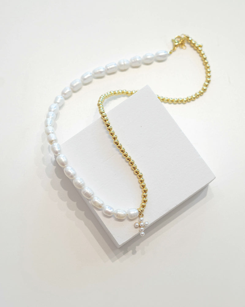 Cross Fresh Water Pearl Gold Plated Necklace