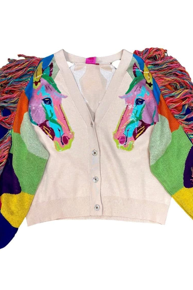 Tan Fringe Rainbow Horse Heads Cardigan